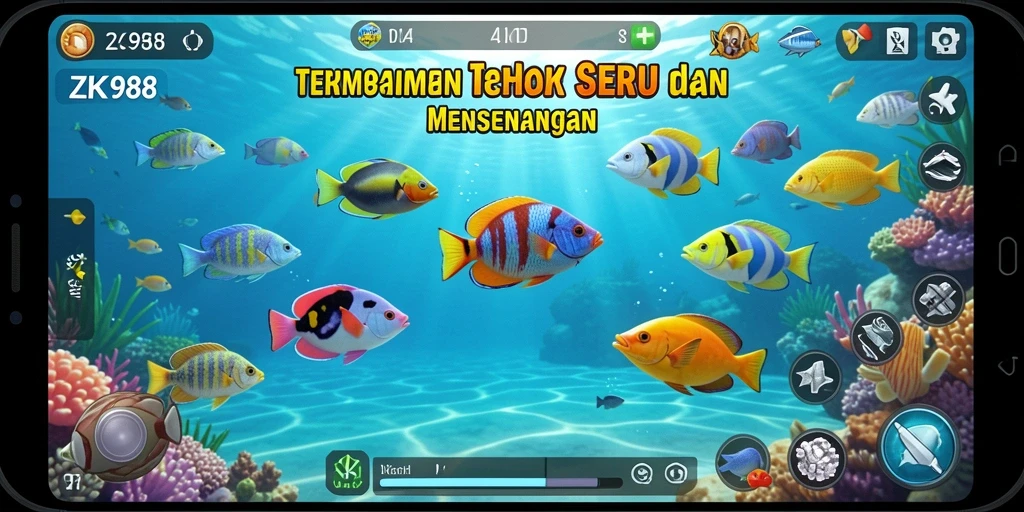 Tangkapan layar gameplay ZK988 menunjukkan aksi tembak ikan yang mendebarkan.